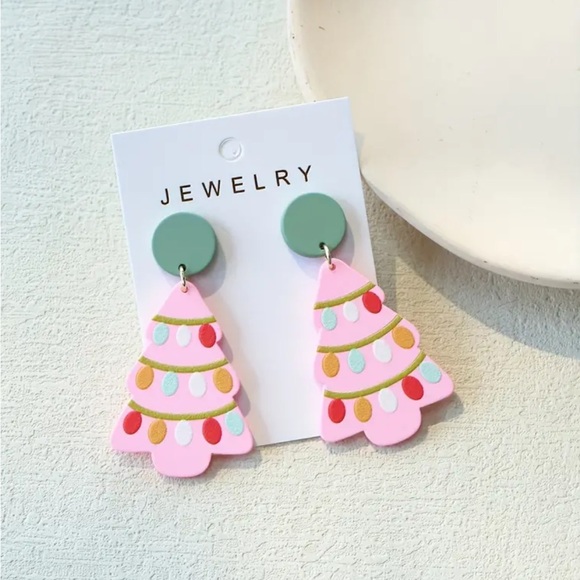 Pink Christmas Tree Dangle Earrings - Picture 2 of 3